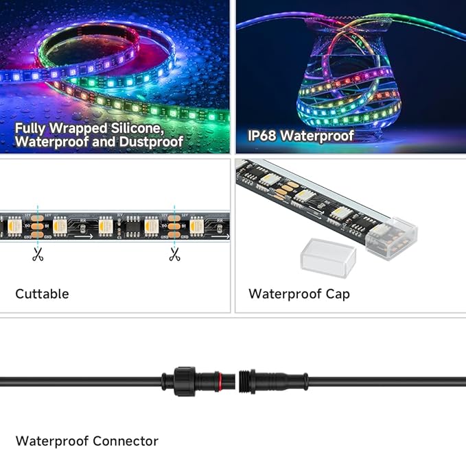 BTF-LIGHTING IP68 Waterproof Outdoor WS2814 RGBW IC LED Strip RGB+Warm White(3000K) Addressable Dream Color 5050SMD Light DC12V 16.4ft 60LEDs/m 20Pixels/m Can Work Outdoor(No Adapter or Controller)