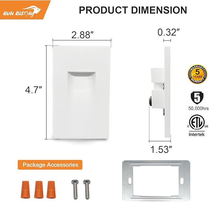 Vertical LED Recessed Step Light Fixture, 5CCT Selectable, IP65 Waterproof, 3W 70LM, 120V Stair Light Indoor Outdoor, 10%-100% Dimmable, White, ETL Listed - 12PK
