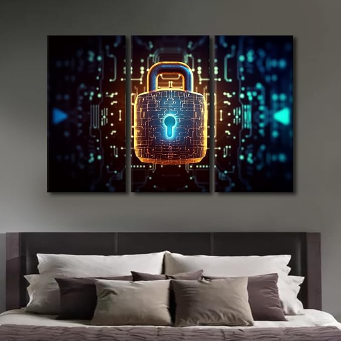 TUMOVO 3 Panel Wall Art Padlock with a Glowing Light at the Top Pictures Print on Canvas for Living Room Bedroom Wall Decoration, Concept Artwork Wooden Framed Ready to Hang, 60" Wx40 H