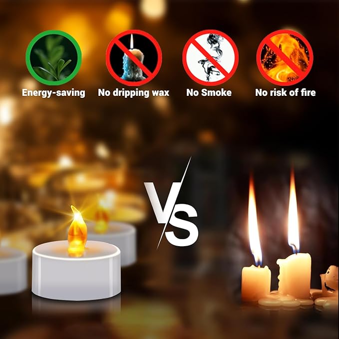 Battery Operated Tea Lights (24 Pack), Realistic Flickering Flameless Candles (200+ Hours), Soft Amber Glow for Home Decor, Dinner Party, Mother's Day Gift & Relaxation (Warm Yellow)