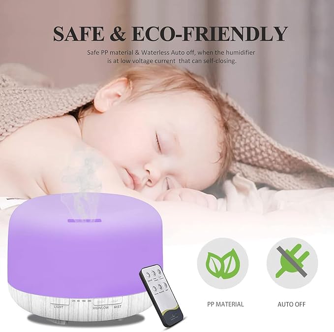 Humidifiers for Bedroom Large Room Home Baby Kids Whole House Hotel Office Desk Plant,500ml Portable Aromatherapy Essential Oil Diffuser Cute Ultrasonic Cool Mist Humidifier with Light Remote