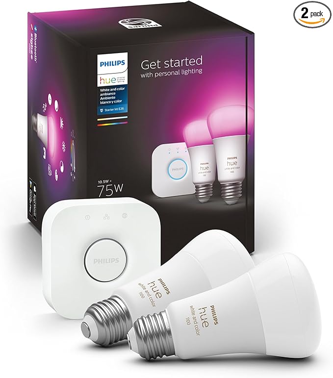 Philips Hue Color 75W A19 Smart LED Bulb 2PK + Hue Bridge - White and Color Ambiance