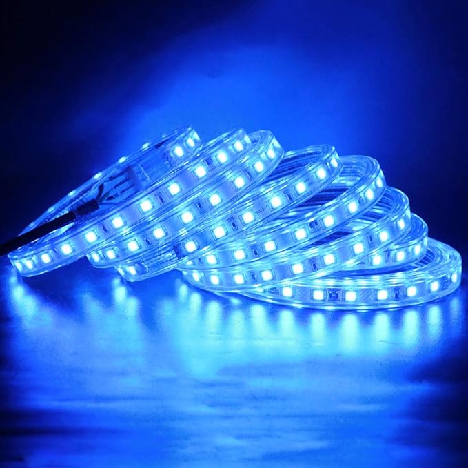 LED Light Strip Kit, AC 110-130V Flexible Waterproof Rope Lights, 82ft 5050 60 LEDs/M for Indoor Outdoor Commercial Lighting Decoration, Accessories Included, Blue