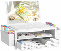 OPNICE Desk Organizer and Accessories, 2-Tier Computer Monitor Stand Riser with Drawer and 2 Pen Holders, Laptop Stand, Office Desk Accessories for Office Supplies, White – Perforated Steel Top