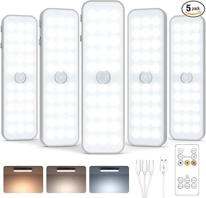 5 Pack Under Cabinet Lighting Wireless, Small 6'' Led Rechargeable Motion Sensor Light Indoor, 3CCT Dimmable Closet Light, Stick on Magnetic Under Counter Light for Pantry, Bookshelf, Stairs
