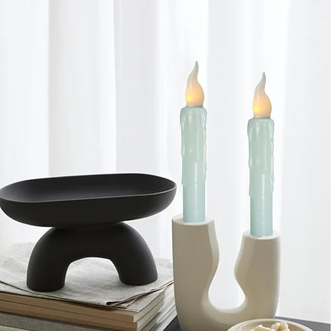 Blue Flameless Short Taper Candles, Real Wax Hand Dipped LED Battery Operated with Remote, Flickering Flame Lights for Festival Party Home Décor, 6.7 Inch Primitive Flameless Candles, 4PCS