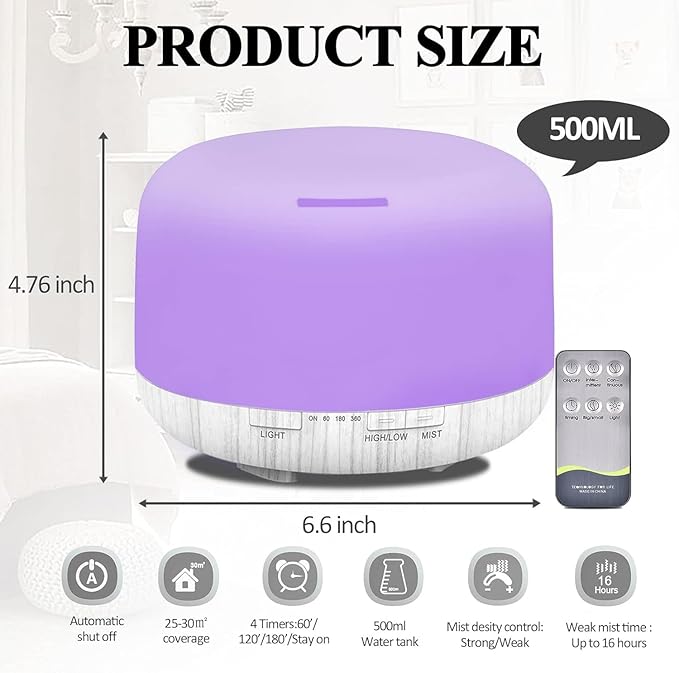 Humidifiers for Bedroom Large Room Home Baby Kids Whole House Hotel Office Desk Plant,500ml Portable Aromatherapy Essential Oil Diffuser Cute Ultrasonic Cool Mist Humidifier with Light Remote