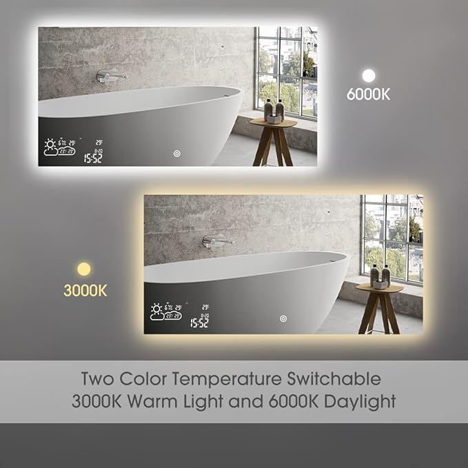 BYECOLD Smart Bathroom Mirror with Bluetooth Wi-Fi Enabled Weather Display, 48”X 24” Fog Free, LED Light Vanity Mirror Backlit Frameless Lighted Touch Sensor Makeup for Wall - Horizontally Hang Only