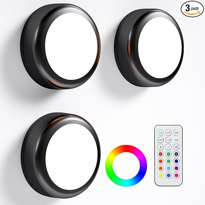 LED Puck Lights with Remote, 13-Color Under Cabinet Lighting Wireless, Battery Operated Stick-On Lights, Dimmable Push Light for Closet/Shelf/Wall (Black-3 Pack)