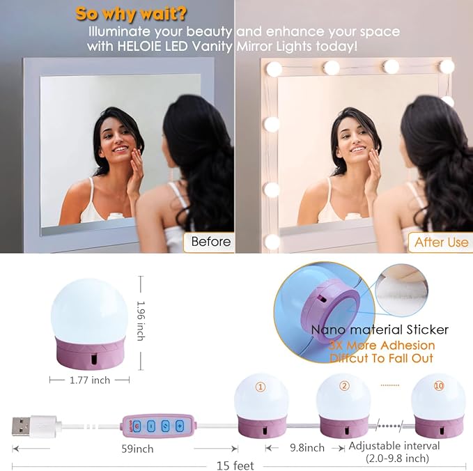 Led Vanity Mirror Lights, Vanity Lights for Makeup Dressing Mirror Lighting,10 Dimmable Bulbs,Adjustable Light Color & Brightness,USB Cable