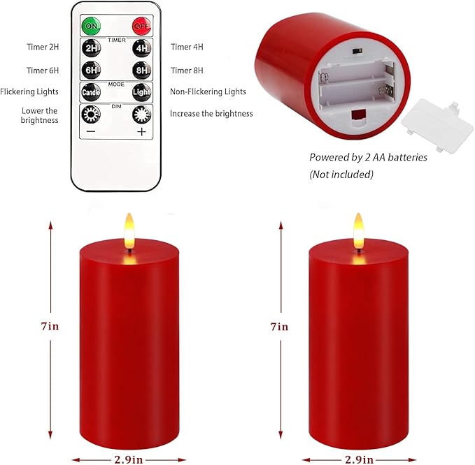 VEEKI Red Flameless Candles, Set of 2 7"x3" Flickering LED Candles with Remote & Timer, Dimmable Real Wax Electric Pillar Candles Battery Operated, Candles Light for Home Christmas Decor (Red)