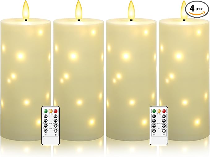 10" x 4" Large Outdoor Waterproof Flickering Flameless Candles with Timer,4Pcs Battery Operated LED Pillar Candles with Embedded Star String for Outdoor Lanterns,Porch,Patio Decor(Ivory)