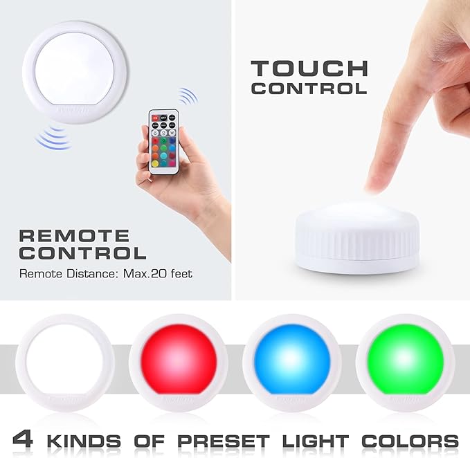 EverBrite Tap Light, Push Light, LED Puck Lights with 12 RGB Colors, Wireless Touch Light Under Cabinet, 80 Lumens Night Light for Closet, Bedroom, Wall, Classroom, 18 AAA Batteries Included, 6-Pack