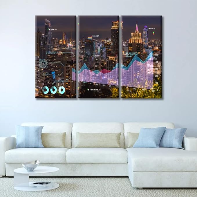 TUMOVO 3 Panel Stock Exchange Market Paintings Wall Decor Finance Stock Graph Chart Price City Building Background Bedroom Decor Wall Art Pictures Modern Home Decor Framed Ready to Hang (60" Wx40 H)