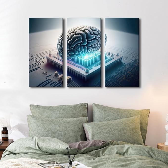 TUMOVO 3 Panel Bedroom Wall Art Modern Canvas Print Wall Art Kit AI Pictures Posters Future Technology Artwork for Living Room Bedroom Decoration Stretched Framed Ready to Hang, 42" Wx28 H