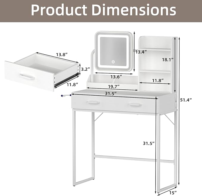 Compact Makeup Vanity for Girls with Mirror and Lights, White Vanities Desk with 2 Drawers and Charging Station, Modern LED Lighted Bedroom Dressing Table