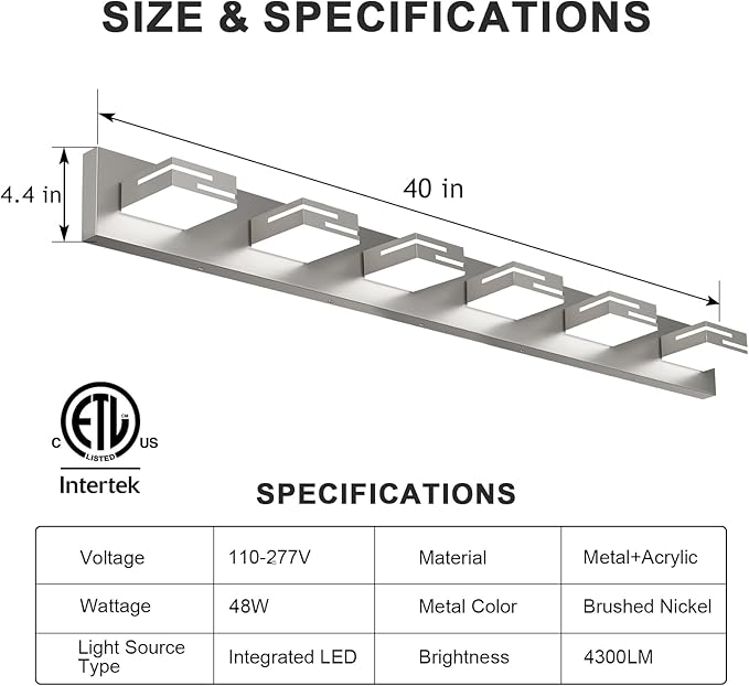 LED Modern Bathroom Vanity Light Fixtures, 6-Light 40-inch Dimmable Brushed Nickel Vanity Lights for Bathroom Lighting Fixtures Over Mirror, with 350° Rotatable Acrylic Heads (Cool White 6000K)