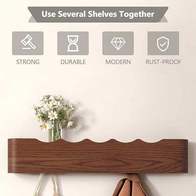 Coat Rack Wall Mount Entryway Organizer Modern Key Holder Wall Mount with Wooden Shelf Entryway Hooks for Bedroom Kitchen Hallway Bathroom for Hanging Coats Hats Dog Leashes Bags Towels