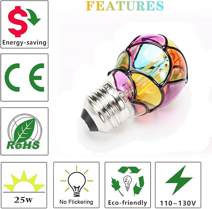I-SHUNFA Stained Glass LED Light Bulb,6 Watts Heatless E26 G45 LED Light Bulbs for Home Party,Recreation Room,Balcony,Garden,Christmas Decoration 2 Pack