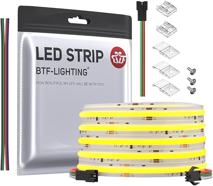 BTF-LIGHTING FCOB COB LED Strip Addressable WS2811 IC 3000K Warm White Flexible High Density Uniform Chasing White Light 16.4FT DC24V CRI 90+ 360LED/m for Indoor Decor(No Adapter or Controller)