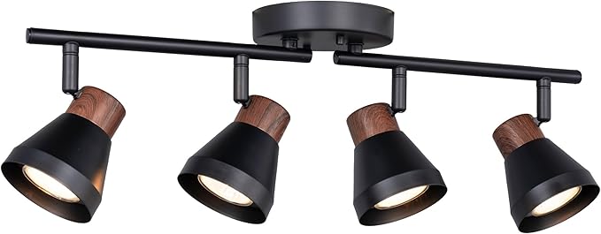 4 Light Modern Track Lighting Kit Black and Faux Wood Finish, Flexibly Adjustable Arm with Multi-Directional Ceiling Spotlight for Kitchen, Bedroom, Living Room,Ding Room Gu10 Not Included