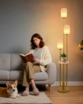Lightdot Dimmable Floor Lamp with Shelf, Modern Gold Tall Floor Lamps with Oval Striped Lampshade for Wedding/Party, 3000K Bulb Included 3-Lights Standing Lamp for Living Room/Sofa Beside/Corner Decor