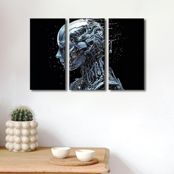 TUMOVO Female Robot Face Pictures Concept Wall Art 3 Panel Modern Canvas Print Art for Living Room Bedroom Decoration, Artificial Intelligence Artwork for Home Decoration Ready to Hang, 36" Wx24 H