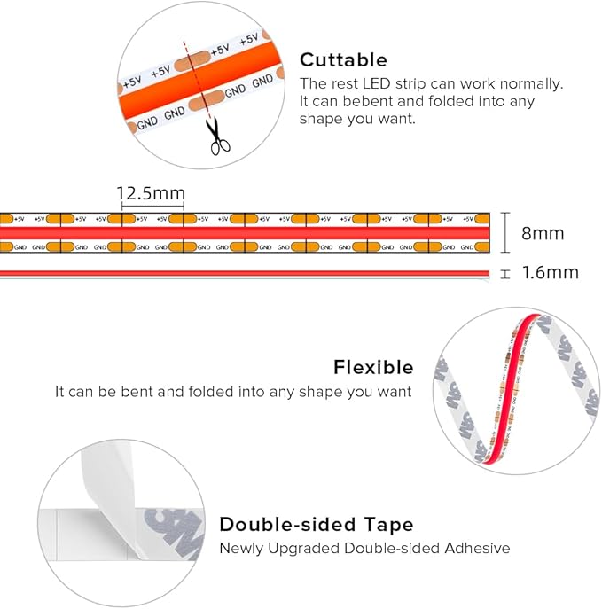 BTF-LIGHTING FCOB COB FOB LED Strip Lights 5V USB Powered 6.56FT 640LEDs Red Color 8mm Width Dimmable CRI 90+ with 3M Tape Flexible High Density for 3D Printer TV Backlight PC DIY Decor