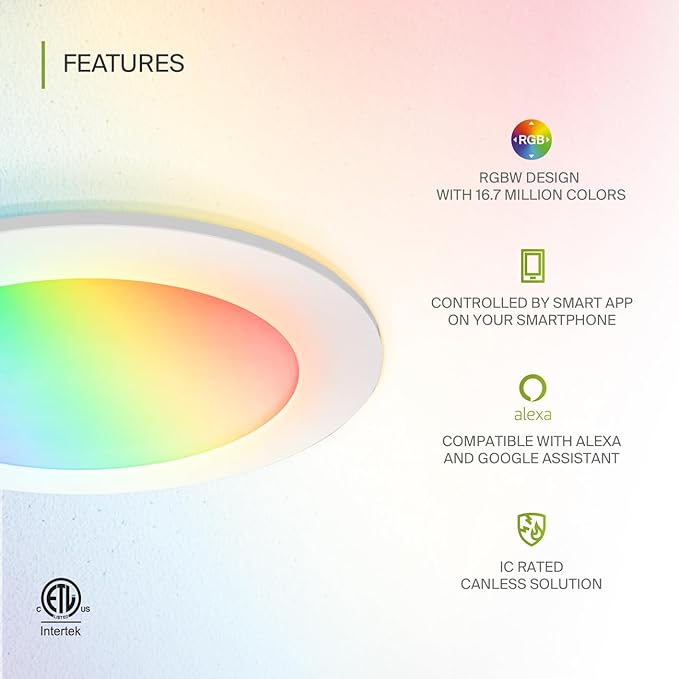 ASD 6 Pack LED Smart Recessed Lighting 6 Inch 15W, RGBW Color Changing Lights, Compatible with Alexa & Google Assistant, Dimmable 2700K-6500K Selectable RGB Lights, WiFi Bluetooth Ceiling Light, ETL