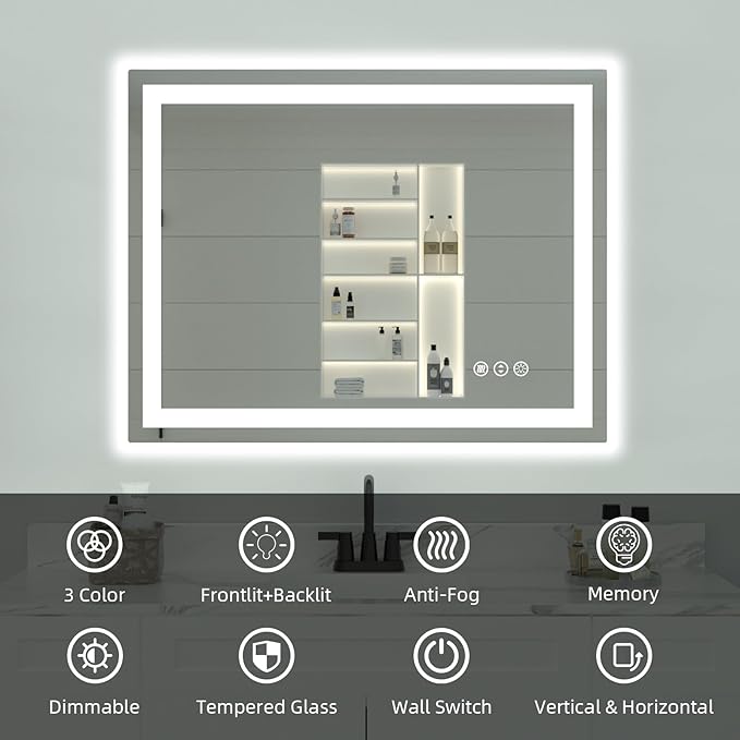 LED Bathroom Mirror 44"x 36", Double Lighting Sources Dimmable, Front and Backlit Bathroom Mirror with Lights, Anti-Fog Lighted Bathroom Vanity Mirror, Tempered Glass (Horizontal/Vertical)