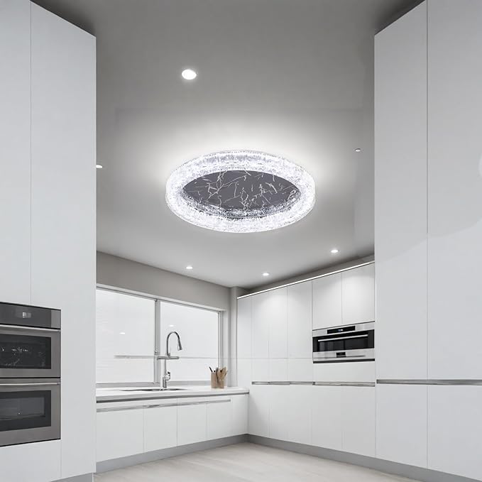Black Modern Acrylic Ceiling Light, 11.8 inch Round LED Flush Mount Chandeliers Alternative Light Fixture with Stainless Stell Base for Dining Room Bedroom Low Ceiling, 24W 6500K
