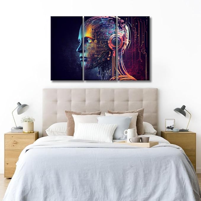 Large Canvas Wall Art AI Futuristic Technology Picture Posters for Home Wall Decor, AI Pictures Print on Canvas Wall Art for Bedroom Office Wall Decor Framed and Stretched Ready to Hang 20x40inchx3