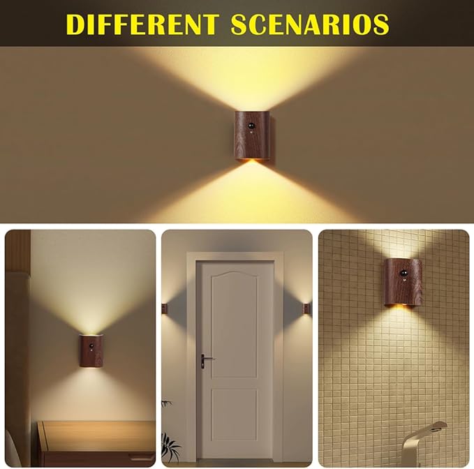 LANDGOO 2-Pack Wood Step Light with Motion Sensor, Rechargeable Stair Night Light Set, Sapele Wood 2700K Warm White LED Wall Lamps, Easy No-Wire Installation for Hallway Bedroom Staircase