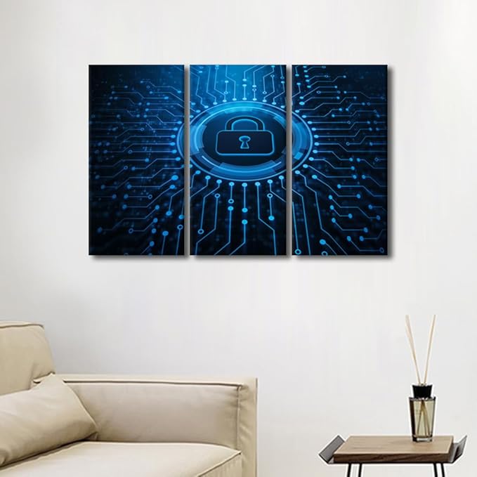 Security Lock Symbol Picture 3 Pieces Wall Decorations for Living Room AI Intelligence Canvas Prints Lock Painting Wall Art Contemporary Wall Decor for Home Office Framed Ready to Hang, 42"Wx28"H
