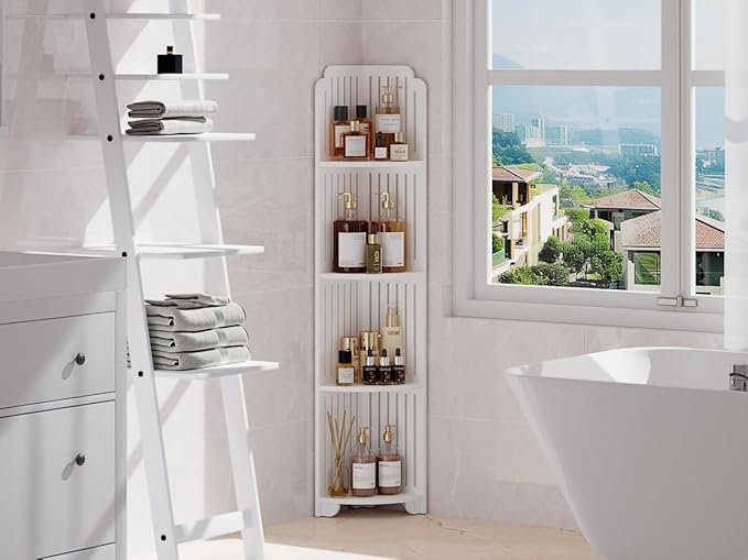 VECELO 4-Tier Bathroom Shelves for Narrow Space, Modern Corner Shelf Stand,Small Storage Organizer for Bathroom,Toilet Paper Stand,White
