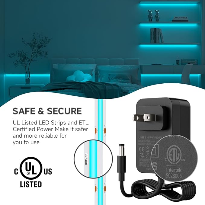 BTF-LIGHTING COB LED Strip Light 24V 16.4FT UL Listed, Ice Blue Dimmable High Density Flexible Tape Light with RF Remote & ETL Power Adapter, Ultra Bright for Bedroom Kitchen Home Indoor Lighting