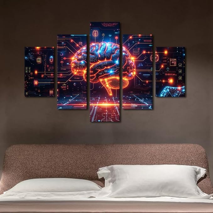 5 Panel Artificial Intelligence Brain Data Analysis Paintings Wall Art Futuristic Technology Posters and Prints Frame Neural Network Pictures for House Wall Decor AI Art Wall for House 60"Wx40"H