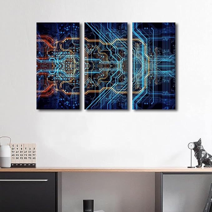 TUMOVO Digital Chip Wall Art CPU Concept House Decorations for Living Room Computer Chip Canvas Wall Art Paintings for Bedroom Office Decor 3 Pieces Modern Artwork Framed Ready to Hang(24" Wx36 H)