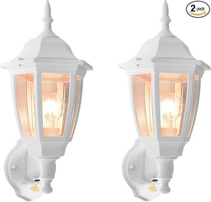FUDESY Outdoor Wall Light Dusk to Dawn, Porch Sensor Light White Plastic Anti-Corrosion with LED Edison Filament Bulb, Exterior Mount Lantern for House, Garage (2-Pack)