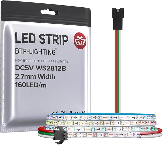 BTF-LIGHTING WS2812B IC RGB 2.7mm Ultra Narrow LED Strip 0807SMD DC5V Individually Addressable 6.4FT 160Pixels/m 320LED Dream Color Tape Light for Home DIY Decoration IP30 (No Adapter or Controller)