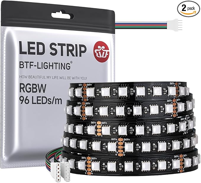 BTF-LIGHTING 5050 RGBW RGB+Cool White(6000K-7000K) 4 Colors in 1 LED 5m 16.4ft 96LED/m DC24V Multi-Colored LED Tape Lights IP30 Non-Waterproof Black PCB for Home Decoration(No Adapter or Controller)