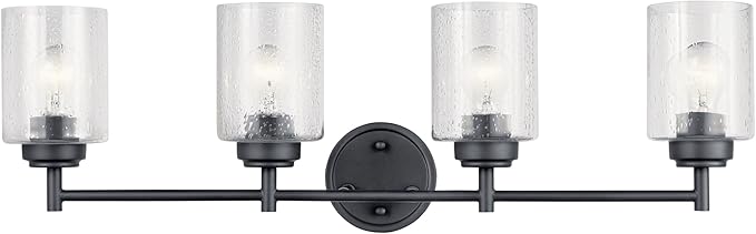 Kichler Winslow 30" 4-Light Vanity Light in a Rich Black with Clear Seeded Glass for Bathroom and Powder Room Vanity, Luxe Industrial Style, (30" x 9.25"), 45887BK
