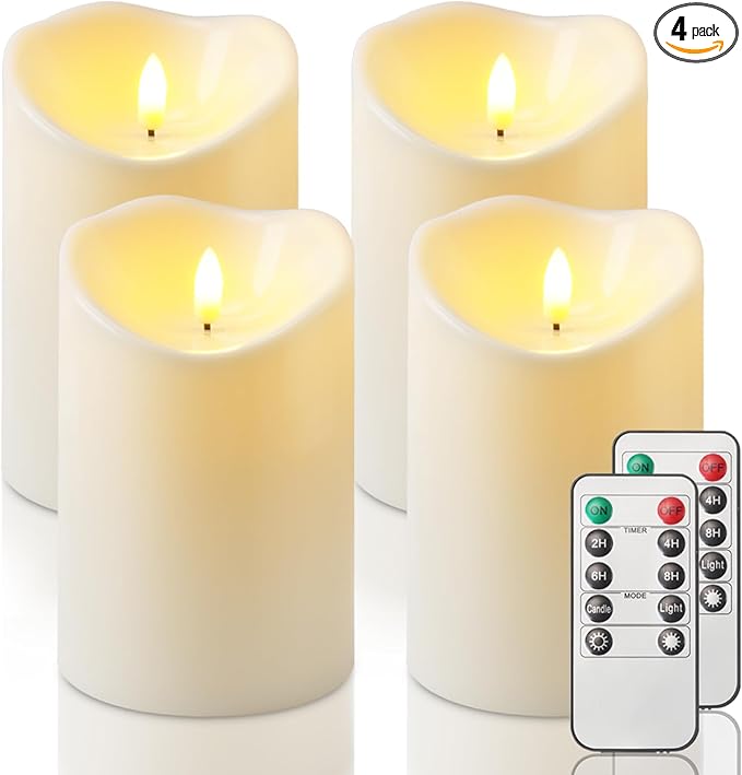 Homemory 4"x6" Outdoor Waterproof Flameless Candles with Timers and Remote Control, Battery Operated Candles, LED Plastic Candles, Ivory White, Set of 4