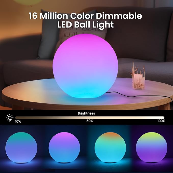 LOFTEK LED Dimmable Light Ball, Nursery Night Light with Remote, IP65 Waterproof Floating Pool Lights, 16 RGB Colors & 4 Modes, Portable & USB Charging,12-inch Corded Electric