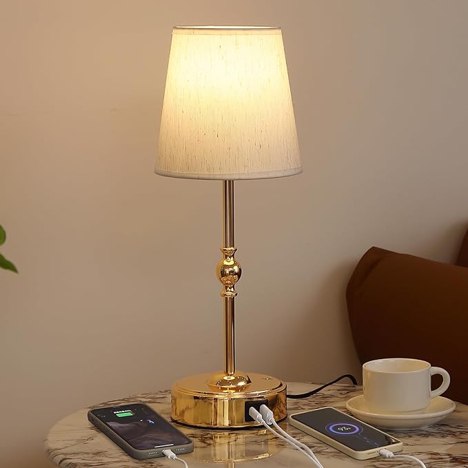 Bedside Table Lamp for Bedroom with 2 USB Charging Ports Minimalist Modern Small Gold Nightstand Lamp 3-Way Dimmable Touch Desk Lamp for Living Room Home Office Dorm,LED Bulb Included