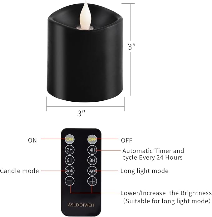 3x3 Flickering Flameless Candles Set of 1, 2AA Battery Life 600 Hours Battery Candles Flickering with Timer, 3 inch Flameless Candles with Remote for Indoor/Outdoor, Black