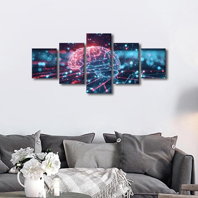 5 Panel Artificial Intelligence Concept with Human Brain Canvas Wall Art for Living Room Digital Brain Wall Decor Hanging AI Picture for Decoration Wall Modern Art Poster and Prints Wall Art 50"Wx24"H