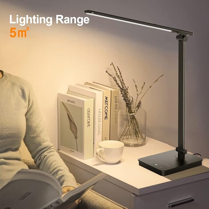 Desk Lamp Eye-Caring LED Table Lamp Dimmable Bedside Lamp with 2 USB Charging Ports and 10 Brightness Levels x 5 Colour Modes Touch Control Daylight Lamp for Office, Bedside, Reading- Auto Timer