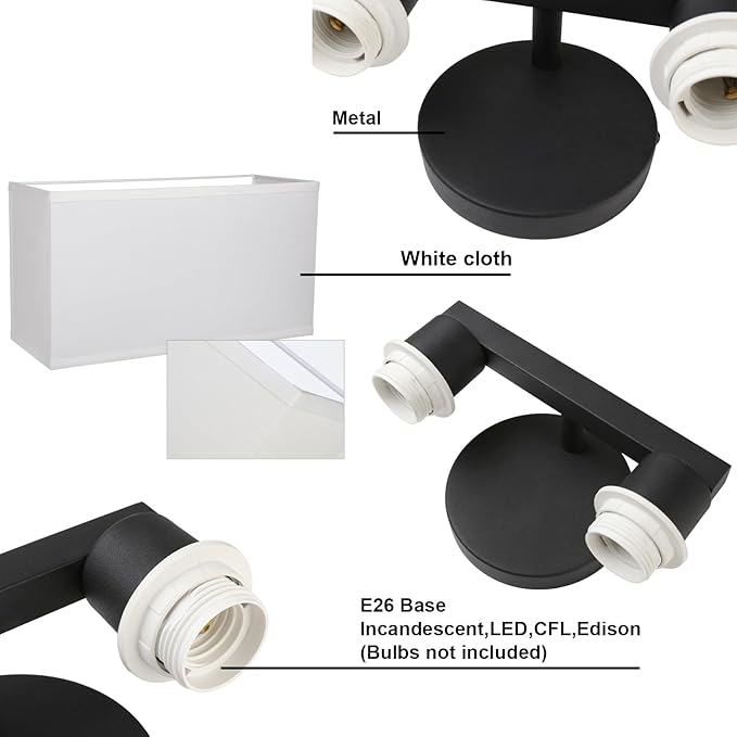 Yosoan White Boho Wall Sconce Stairwell Fixture Light, 2-Light Indoor Hardwired Vanity Dual Vintage Industrial Bedside Sconce Wall Mount Lighting Square Fabric Shade for Hallway Kitchen Living Room