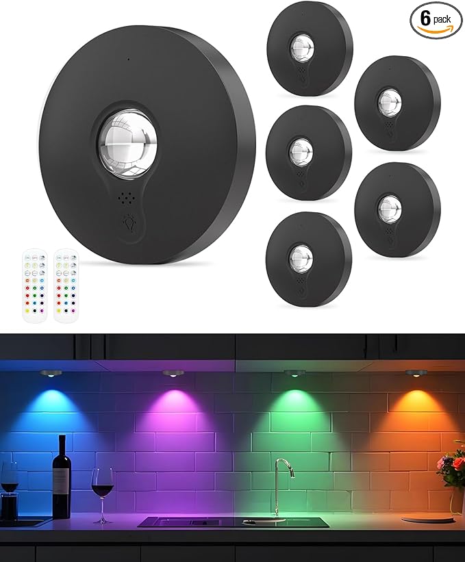 Rechargeable RGB Puck Lights with Remote Control, 1500mAh Battery Operated Push Lights, Dimmable & Timer Under Cabinet Lighting for Closet, Bedroom, Kitchen Black 6Pcs